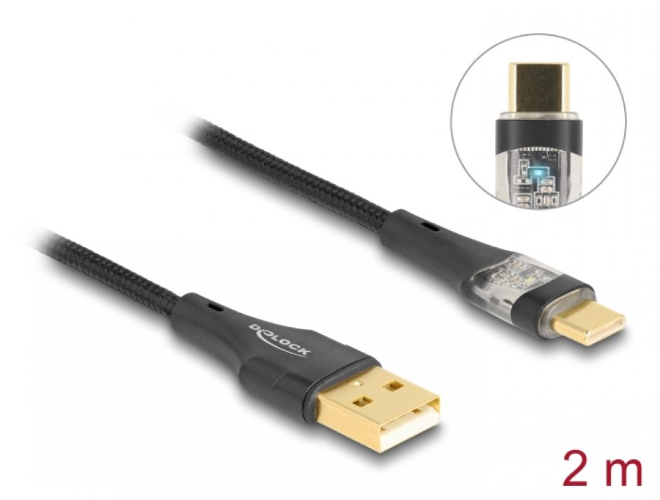 Imagine Cablu USB 2.0-A la USB type C T-T Fast Charging 60W 2m brodat Negru, Delock 80761